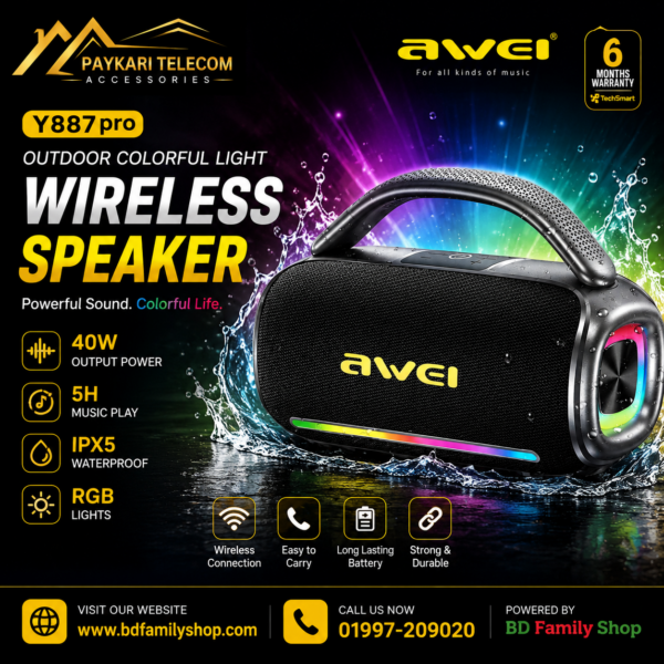 Awei Y887 Pro 40W Wireless Bluetooth Speaker – RGB Light, IPX5 Waterproof | BD Family Shop