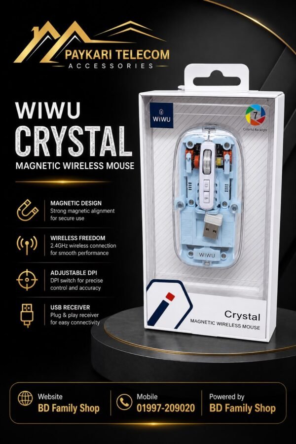 WIWU Crystal Magnetic Wireless Mouse 2.4GHz Rechargeable RGB Backlit Transparent Design Mouse. Bd family shop