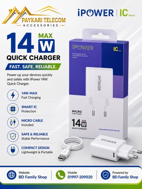 iPower 14W Max Type-B and type-C Quick Charger – Fast, Safe & Reliable Charging Solution BD Family Shop