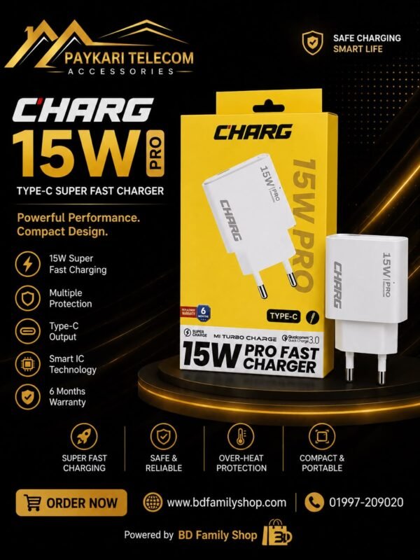 CHARG 15W Pro Fast Charger Type-B and Type-C | Super Fast Charging Adapter | Smart IC Protection | 6 Months Warranty BD Family Shop