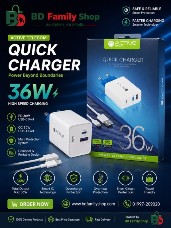 Active Telecom 36W Quick Charger | PD 36W USB-C + QC 30W USB-A Fast Charger Adapter | Smart IC Protection BD Family Shop