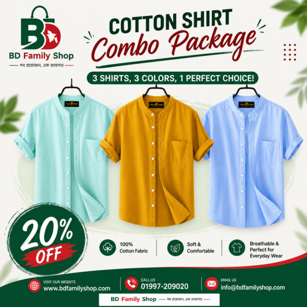 Premium Cotton Shirt Combo Package – 3 Shirts, 3 Colors | 20% Off | BD Family Shop