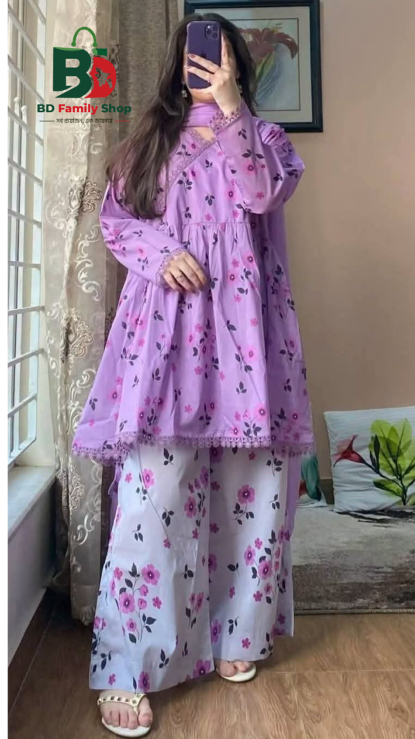 Premium Cotton Printed Three Piece for Women | সুন্দর কুচি ও লেইস ডিজাইনের থ্রি পিস | BD Family Shop