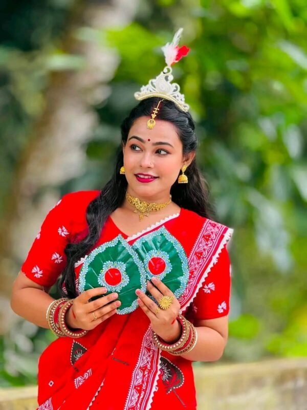 Puja Special Panpata Cotton Saree with Matching Blouse Piece | Red Bengali Saree for Durga Puja. BD FAMILY SHOP