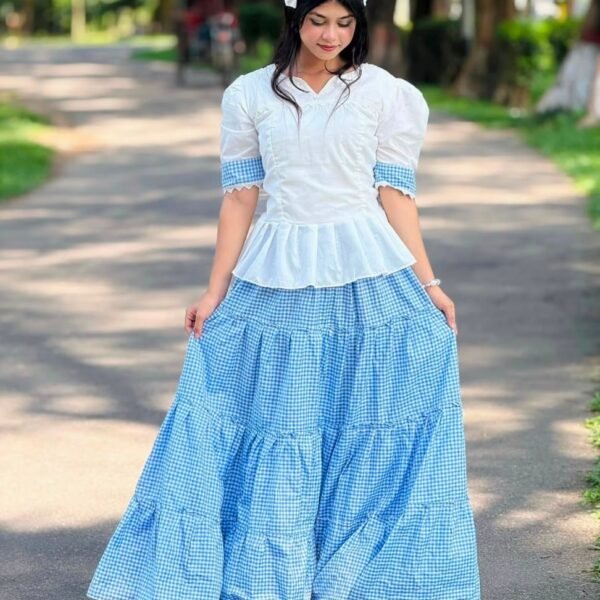 Women’s Gingham Check Peplum Top & Tiered Skirt Set