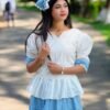 Women’s Gingham Check Peplum Top & Tiered Skirt Set blue