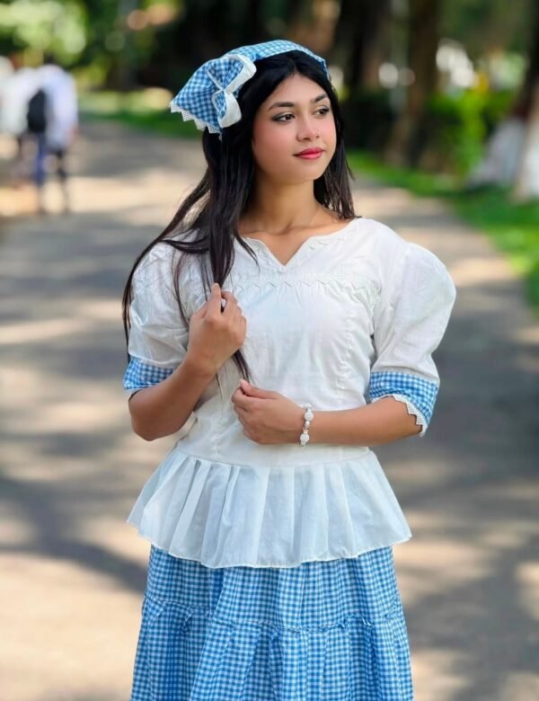 Women’s Gingham Check Peplum Top & Tiered Skirt Set blue