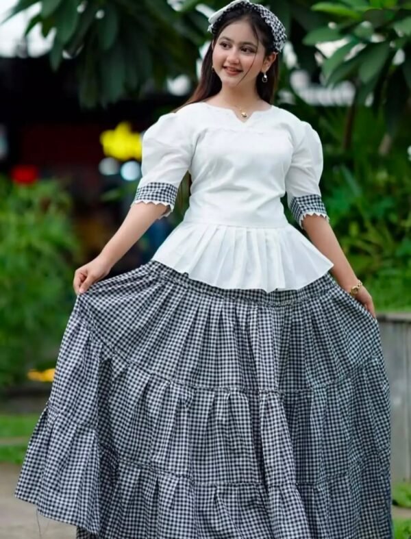 Women’s Gingham Check Peplum Top & Tiered Skirt Set black