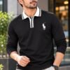 Black premium embroidery full sleeve polo shirt for men with white collar