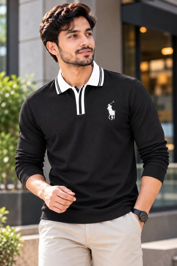 Black premium embroidery full sleeve polo shirt for men with white collar