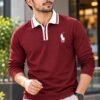 Black premium embroidery full sleeve polo shirt for men with white collar