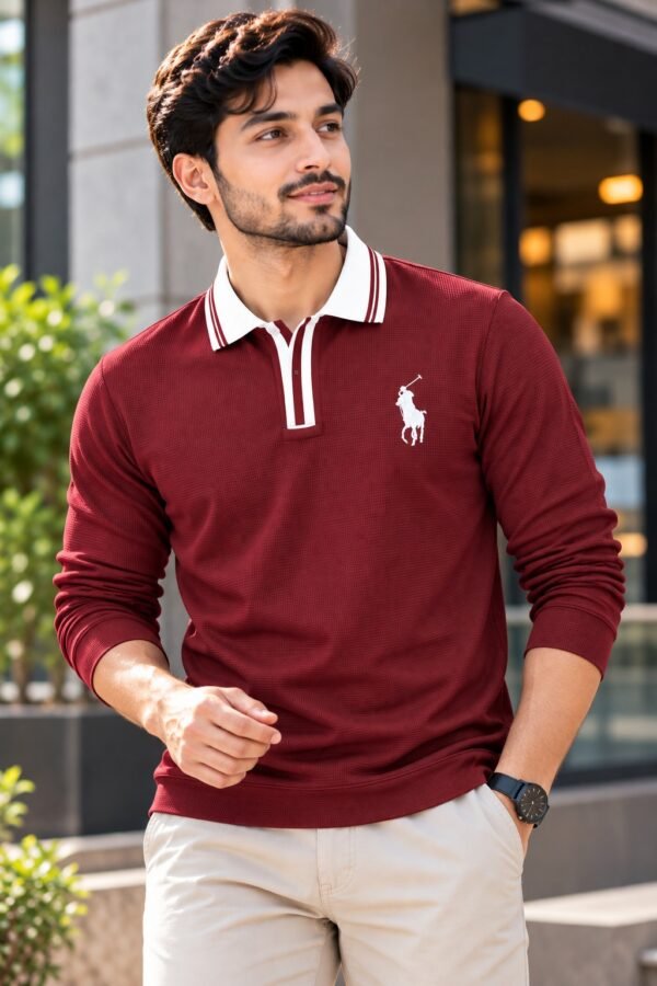 Black premium embroidery full sleeve polo shirt for men with white collar