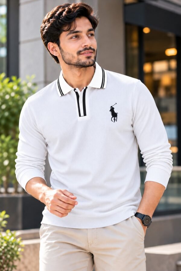 Black premium embroidery full sleeve polo shirt for men with white collar