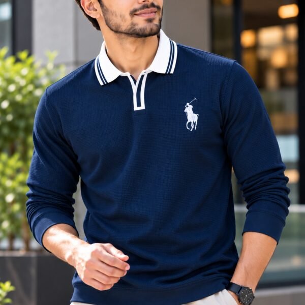 Black premium embroidery full sleeve polo shirt for men with white collar