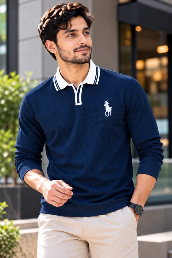 Black premium embroidery full sleeve polo shirt for men with white collar