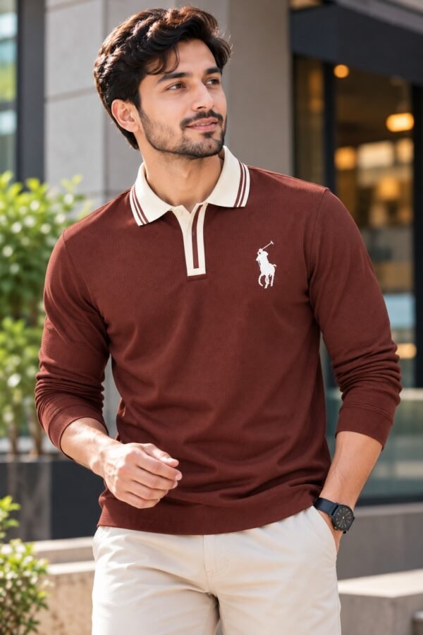 Black premium embroidery full sleeve polo shirt for men with white collar