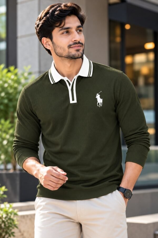 Black premium embroidery full sleeve polo shirt for men with white collar
